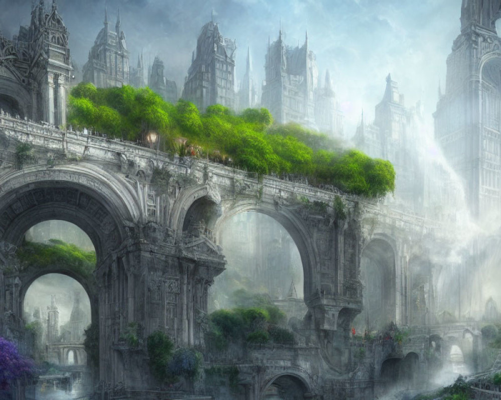 Ethereal fantasy cityscape with towering spires and ancient bridges