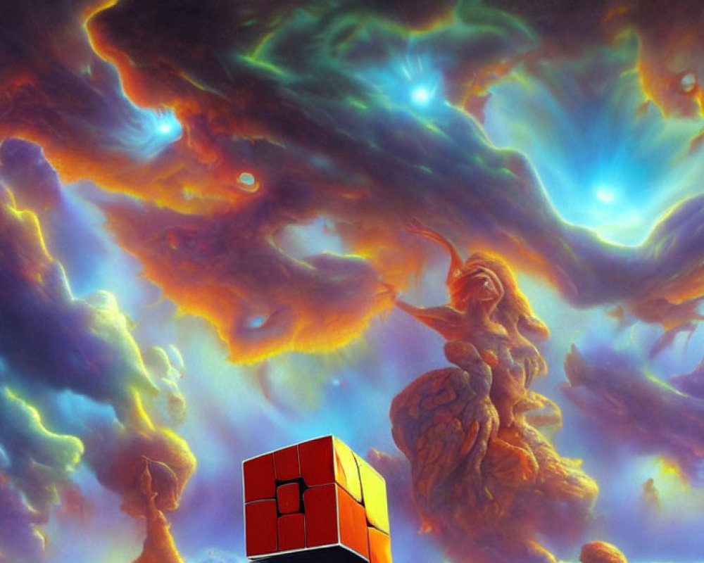 Colorful cosmic scene with Rubik's cube, swirling nebulae, and ethereal figure.