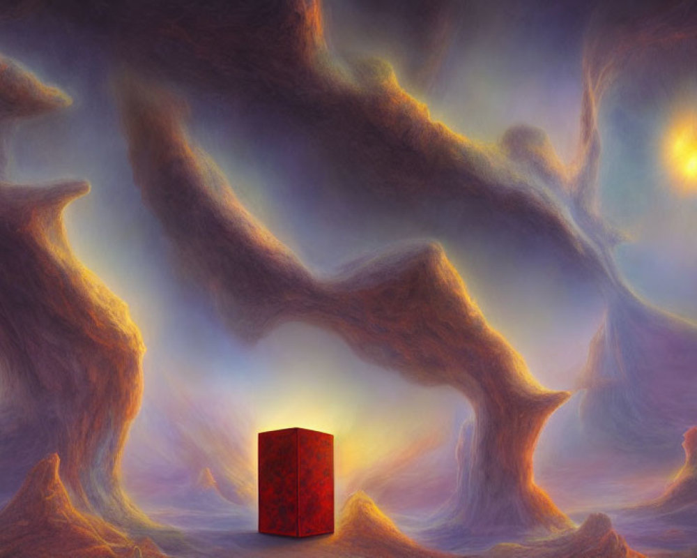 Surreal landscape with glowing red cube under swirling violet sky