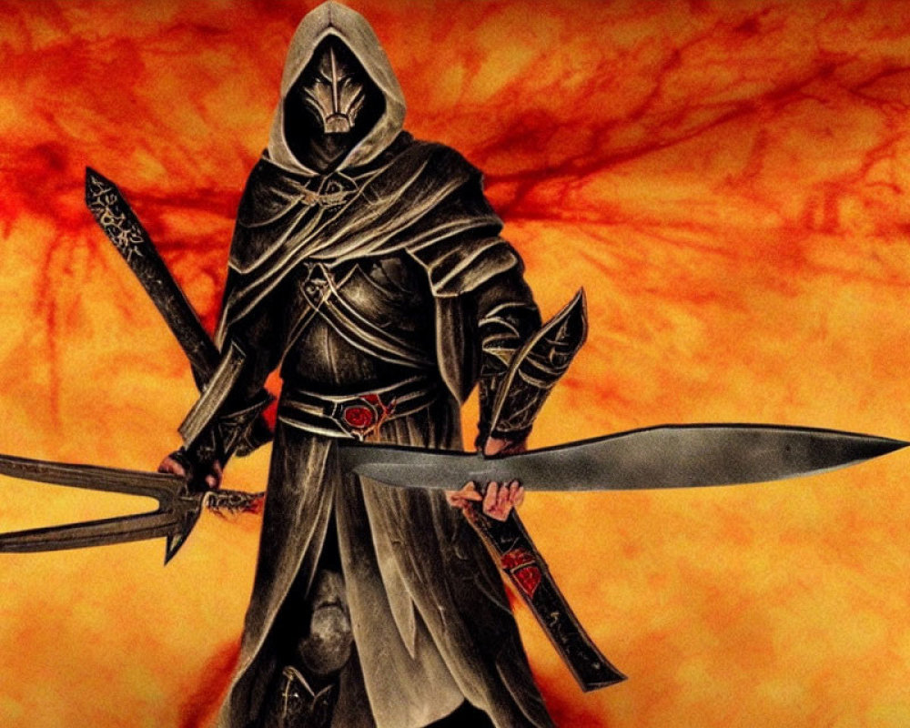 Cloaked figure with two swords in fiery orange backdrop