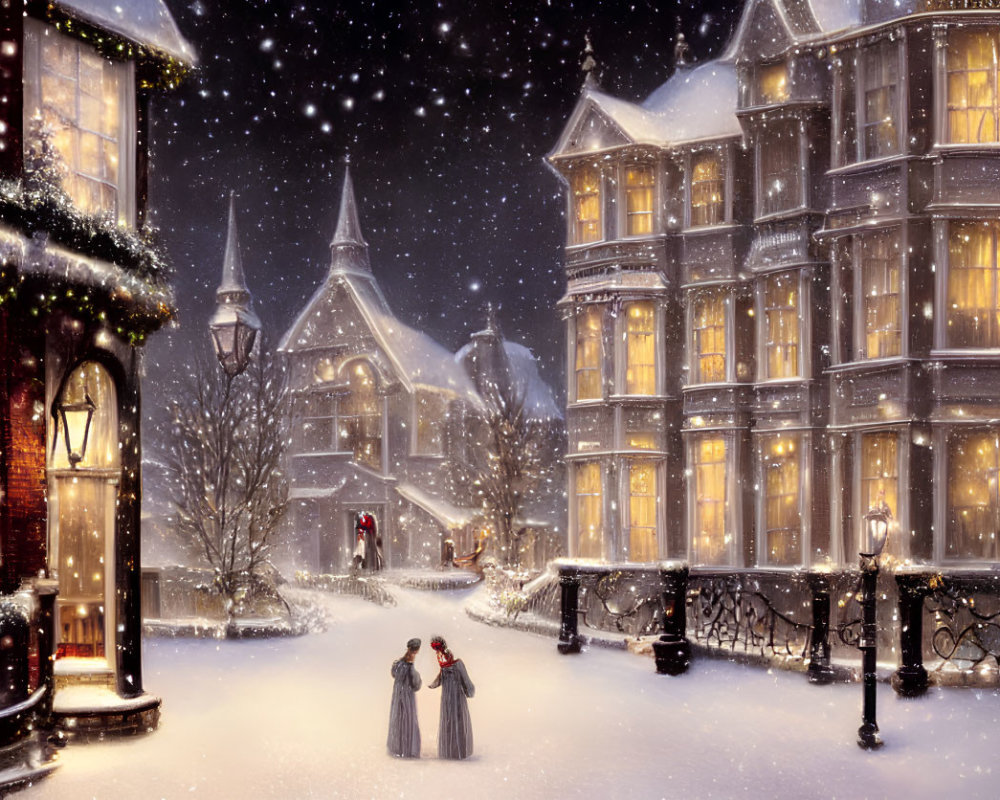 Victorian-era buildings with Christmas lights, snowfall, and people in period clothing.