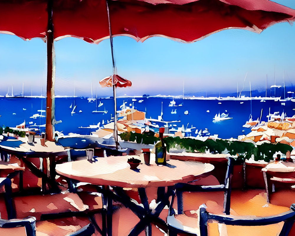 Seaside Café Scene with Red Umbrella, Wine Bottle, and Boats