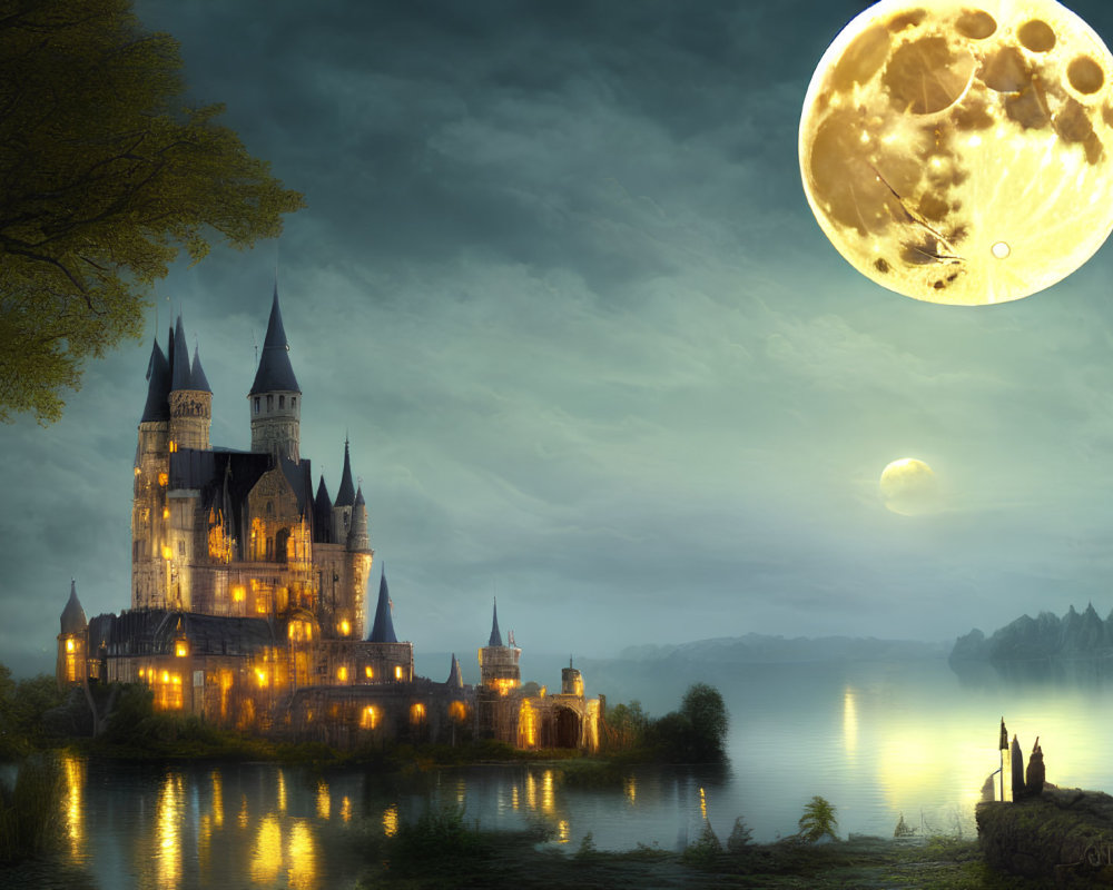 Majestic castle by lake under detailed moon in twilight setting