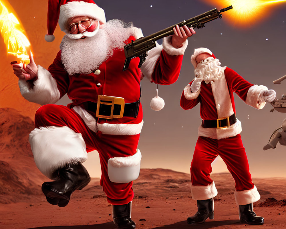 Santa Claus characters in action pose with bazooka and rifle against red sky