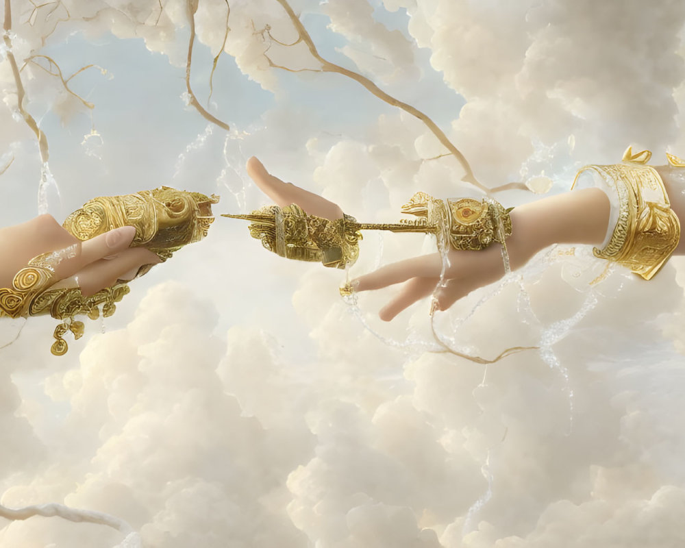 Intricate golden jewelry on hands reaching against fluffy white clouds