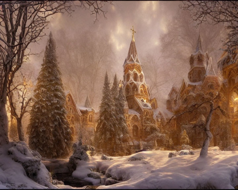 Snow-covered stone church in serene winter landscape