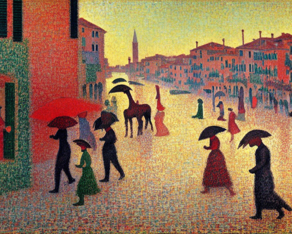 Vibrant Pointillist Painting of People with Umbrellas Walking in Town