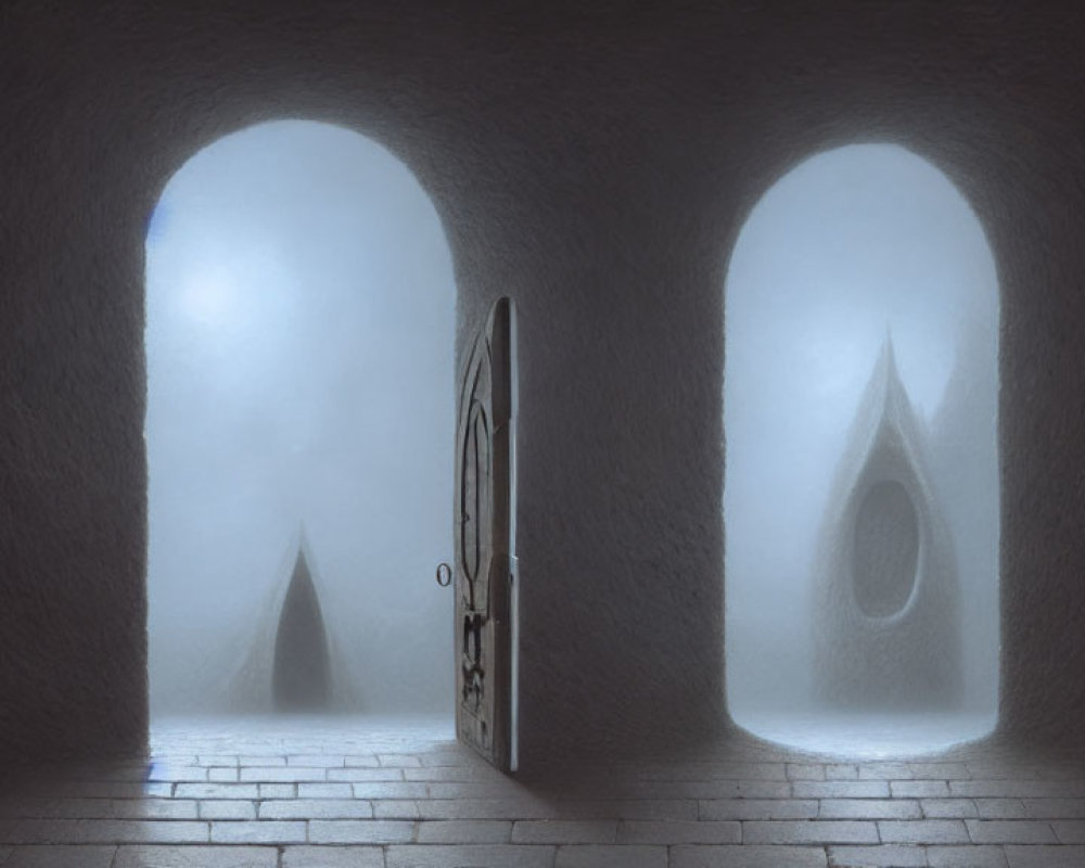 Ethereal fog-filled room with arched windows and soft light.