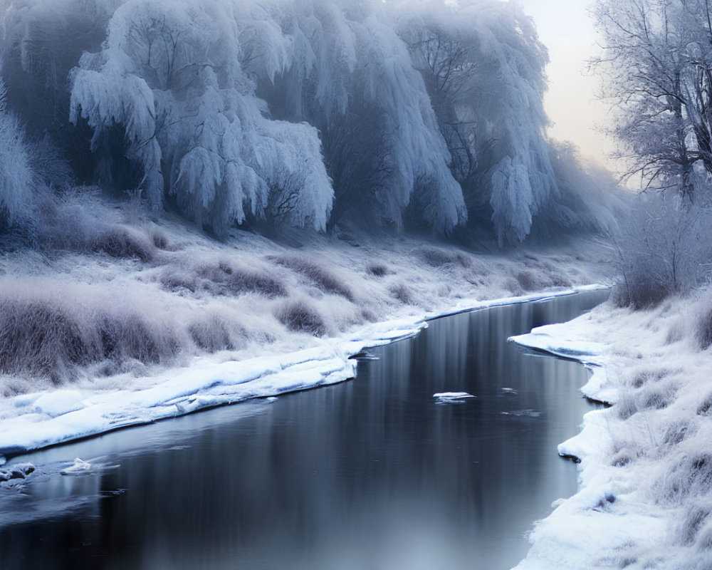 Frost-covered winter landscape with flowing river and icy patches