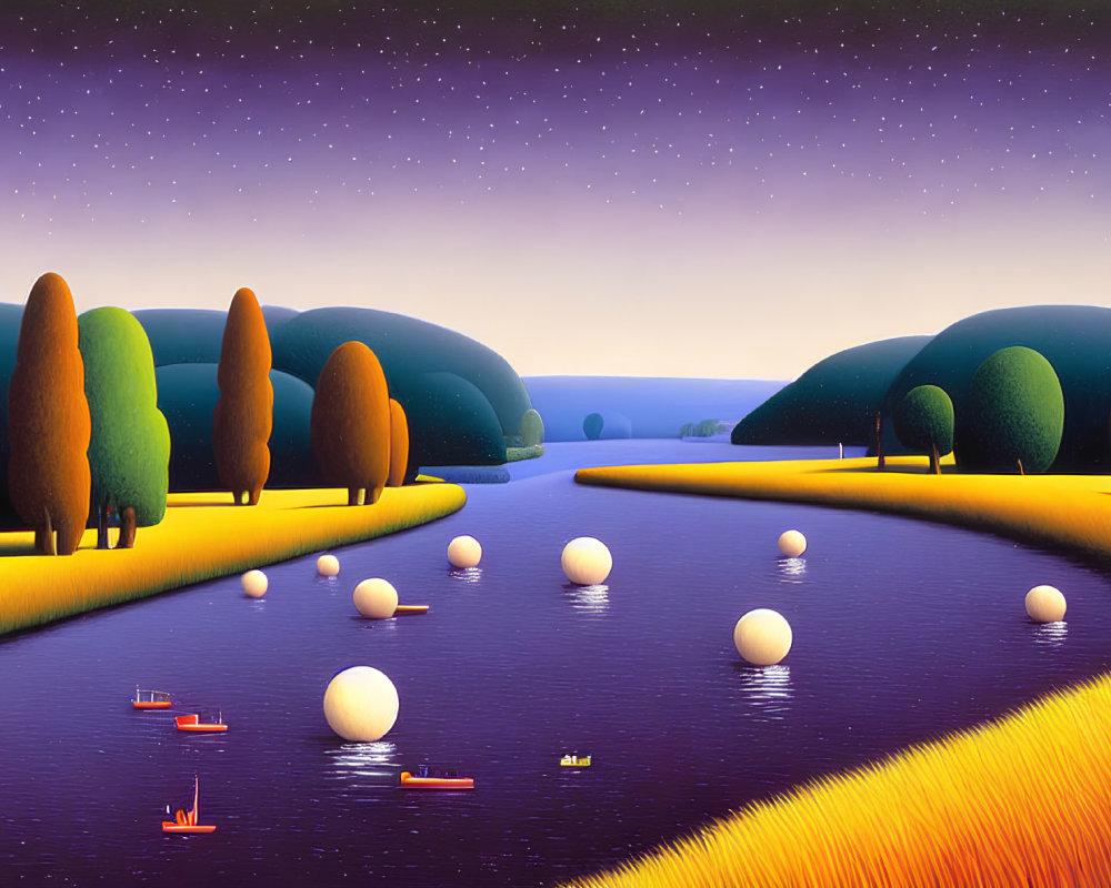 Colorful landscape with river, spheres, paper boats, and starry sky