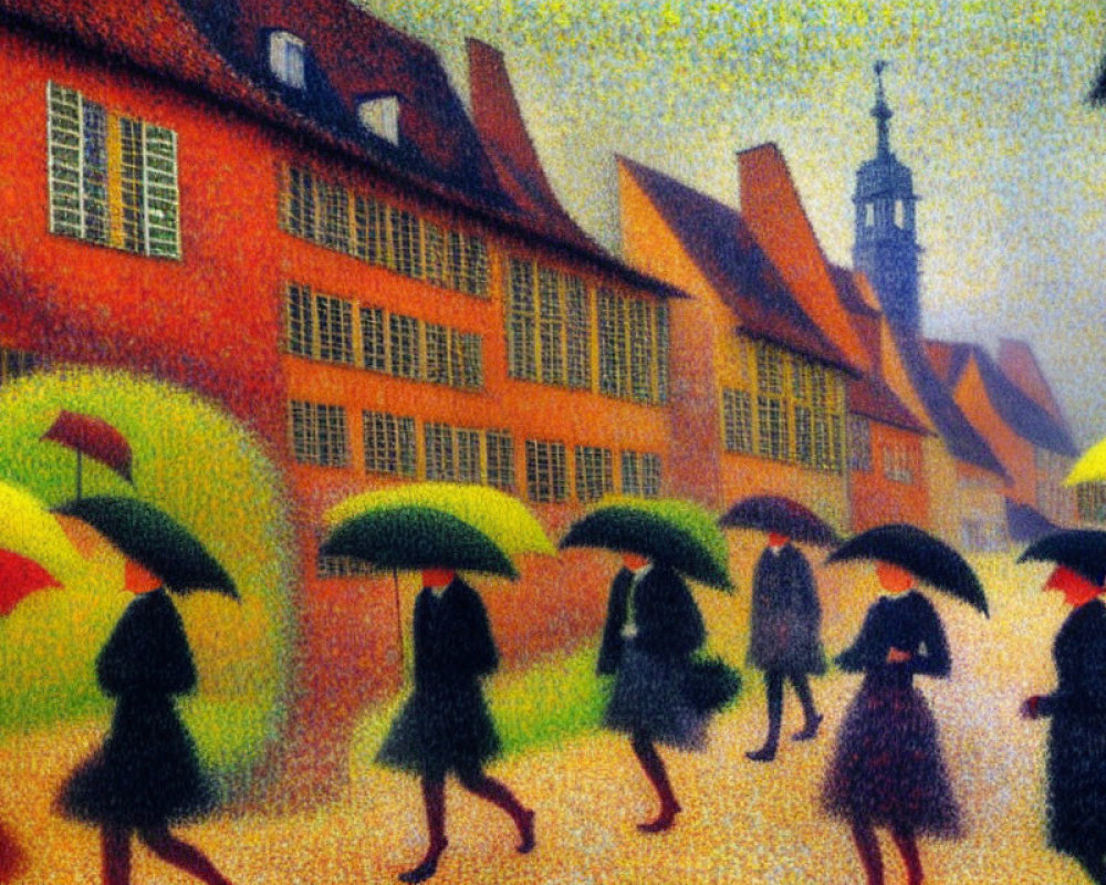 Vibrant Impressionist Painting of People with Umbrellas in European City