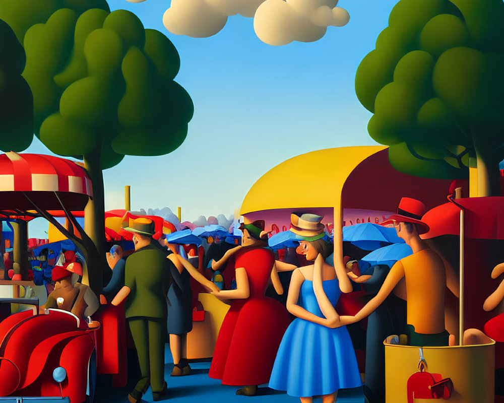 Vibrant street scene painting with umbrellas, trees, carousel, and hot dog stand