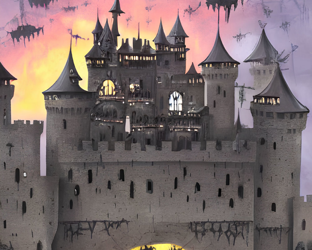 Gothic castle at dusk with flying dragons and orange glow