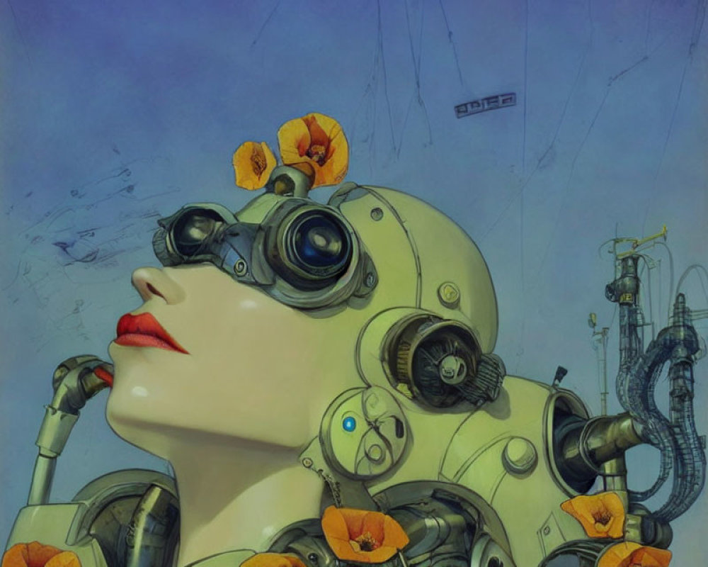 Female robot portrait with poppy flowers, binocular vision goggles, and industrial pipes