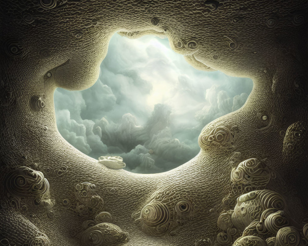 Surreal landscape featuring organic hive-like structure and bright sky.