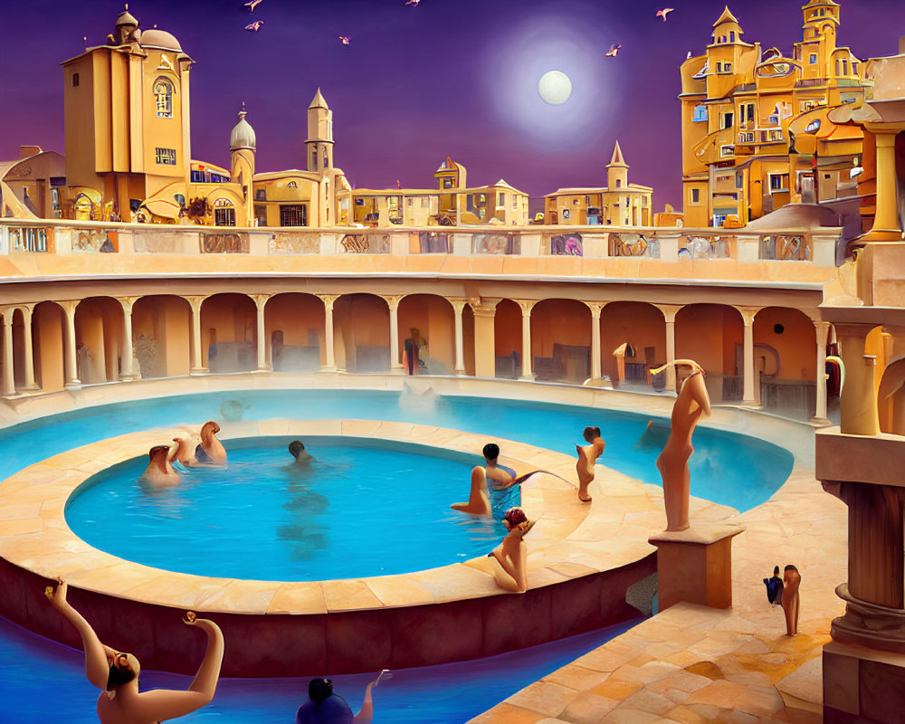 Colorful pool scene in charming town with terracotta buildings, birds, and moon