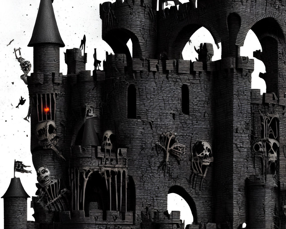 Gothic-style Castle with Skull Decorations and Haunting Atmosphere