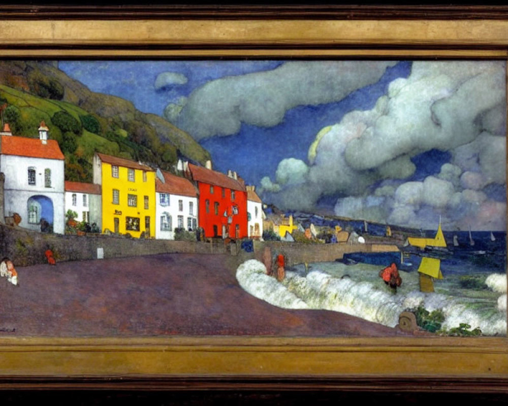 Coastal village scene with colorful houses, people, boats, hills, and cloudy sky in decorative