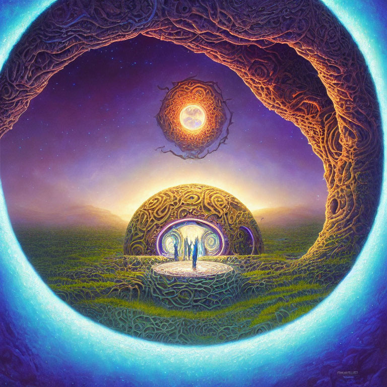 Fantastical landscape with glowing tree archway, person on pedestal