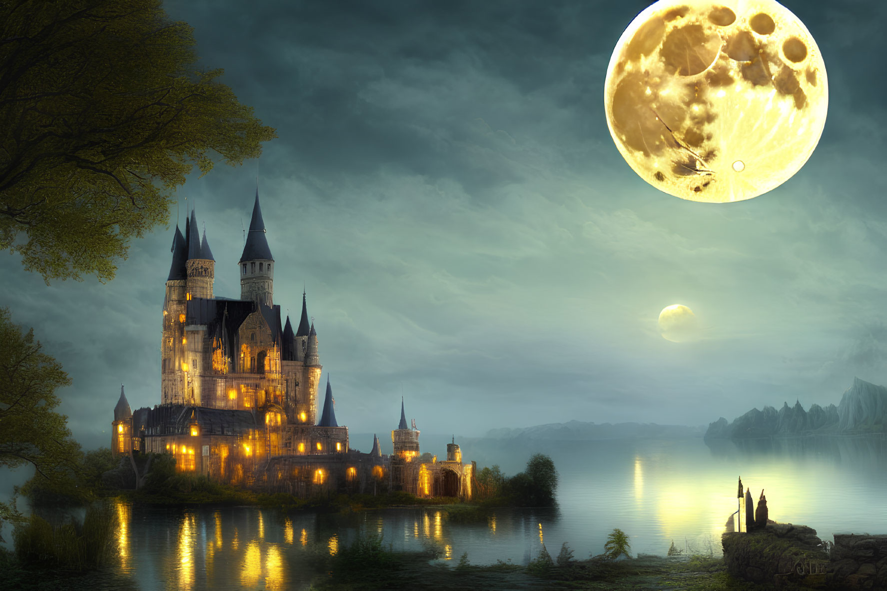 Majestic castle by lake under detailed moon in twilight setting