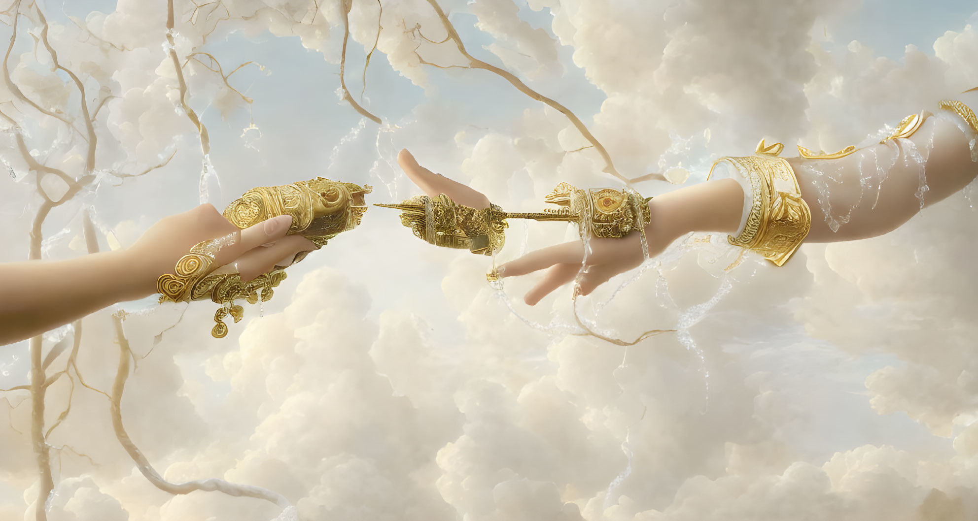 Intricate golden jewelry on hands reaching against fluffy white clouds