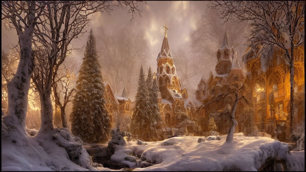 Snow-covered stone church in serene winter landscape