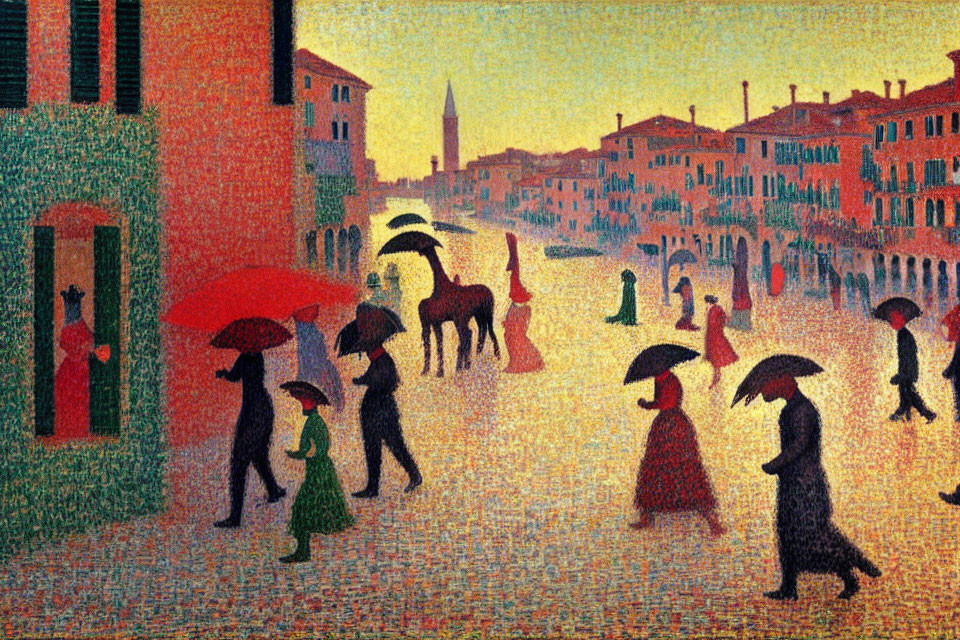 Vibrant Pointillist Painting of People with Umbrellas Walking in Town