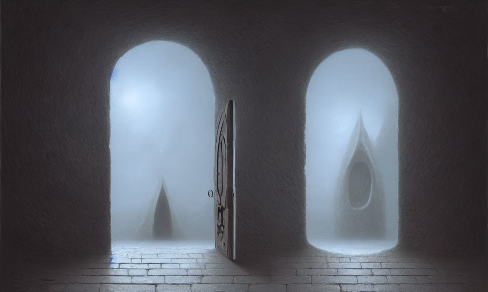 Ethereal fog-filled room with arched windows and soft light.