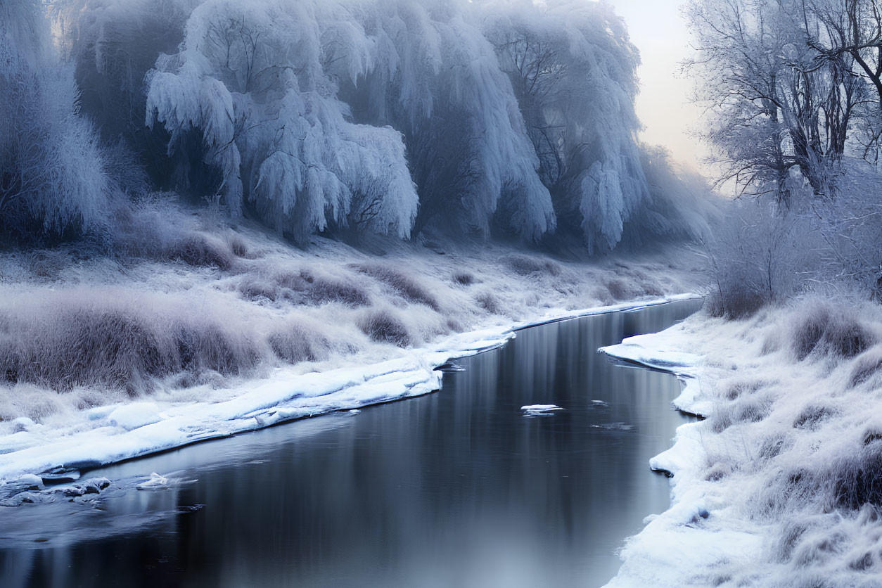 Frost-covered winter landscape with flowing river and icy patches