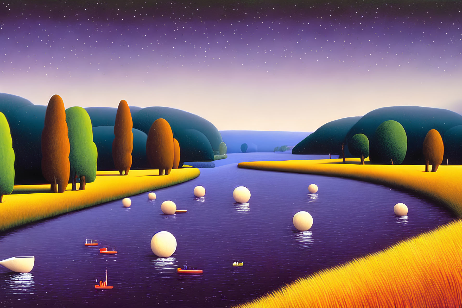 Colorful landscape with river, spheres, paper boats, and starry sky