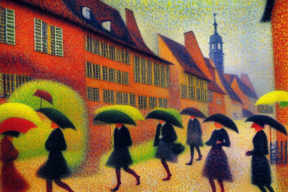 Vibrant Impressionist Painting of People with Umbrellas in European City