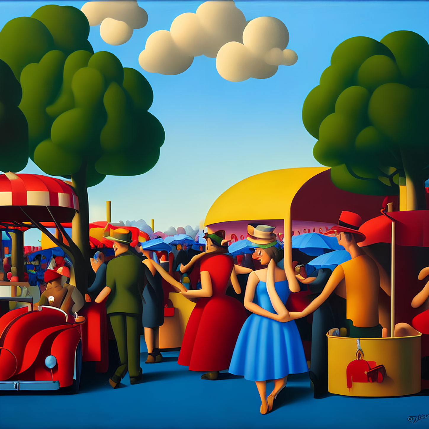 Vibrant street scene painting with umbrellas, trees, carousel, and hot dog stand