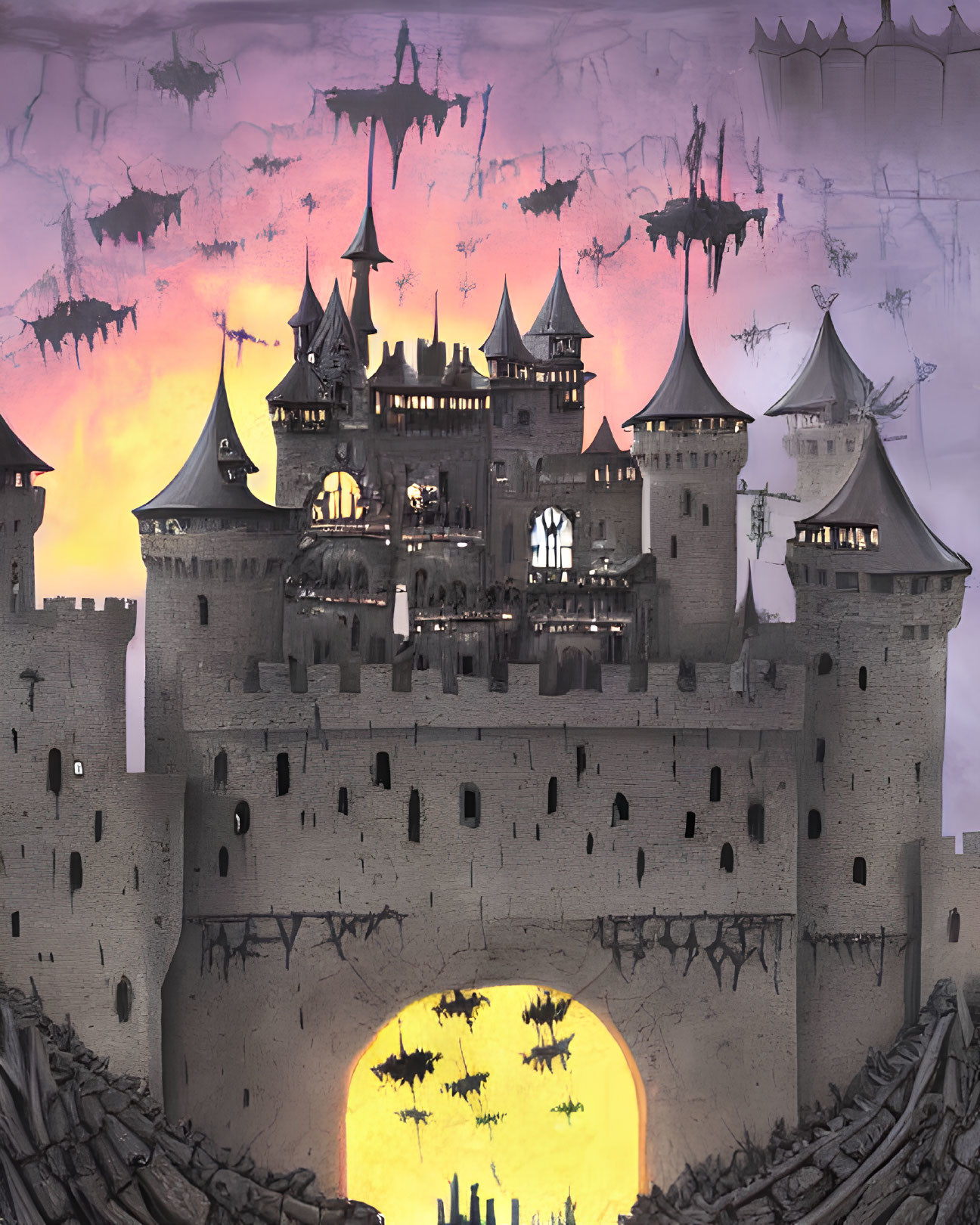 Gothic castle at dusk with flying dragons and orange glow