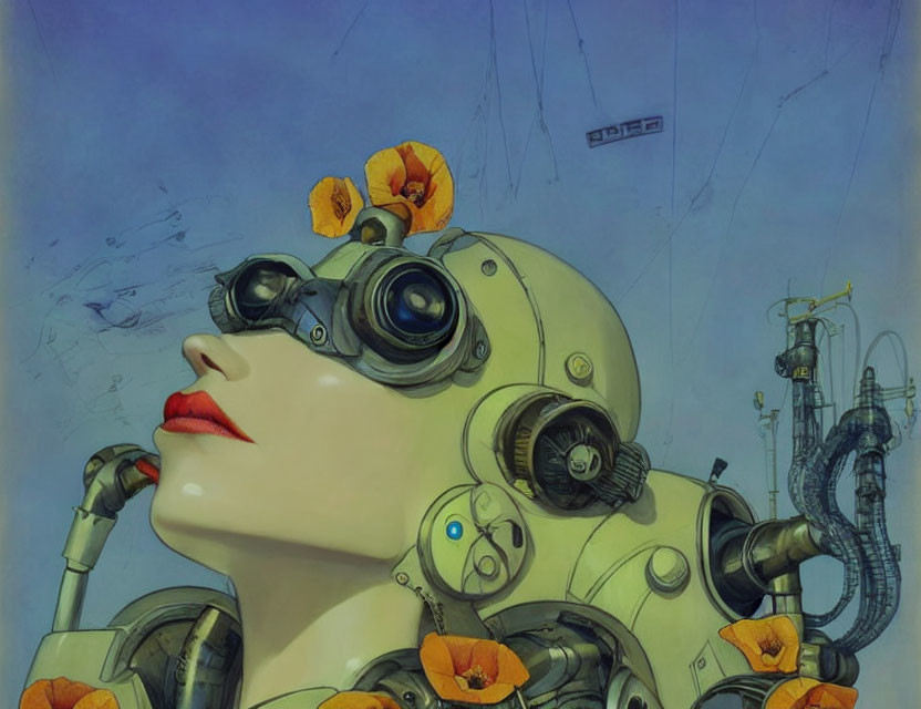 Female robot portrait with poppy flowers, binocular vision goggles, and industrial pipes