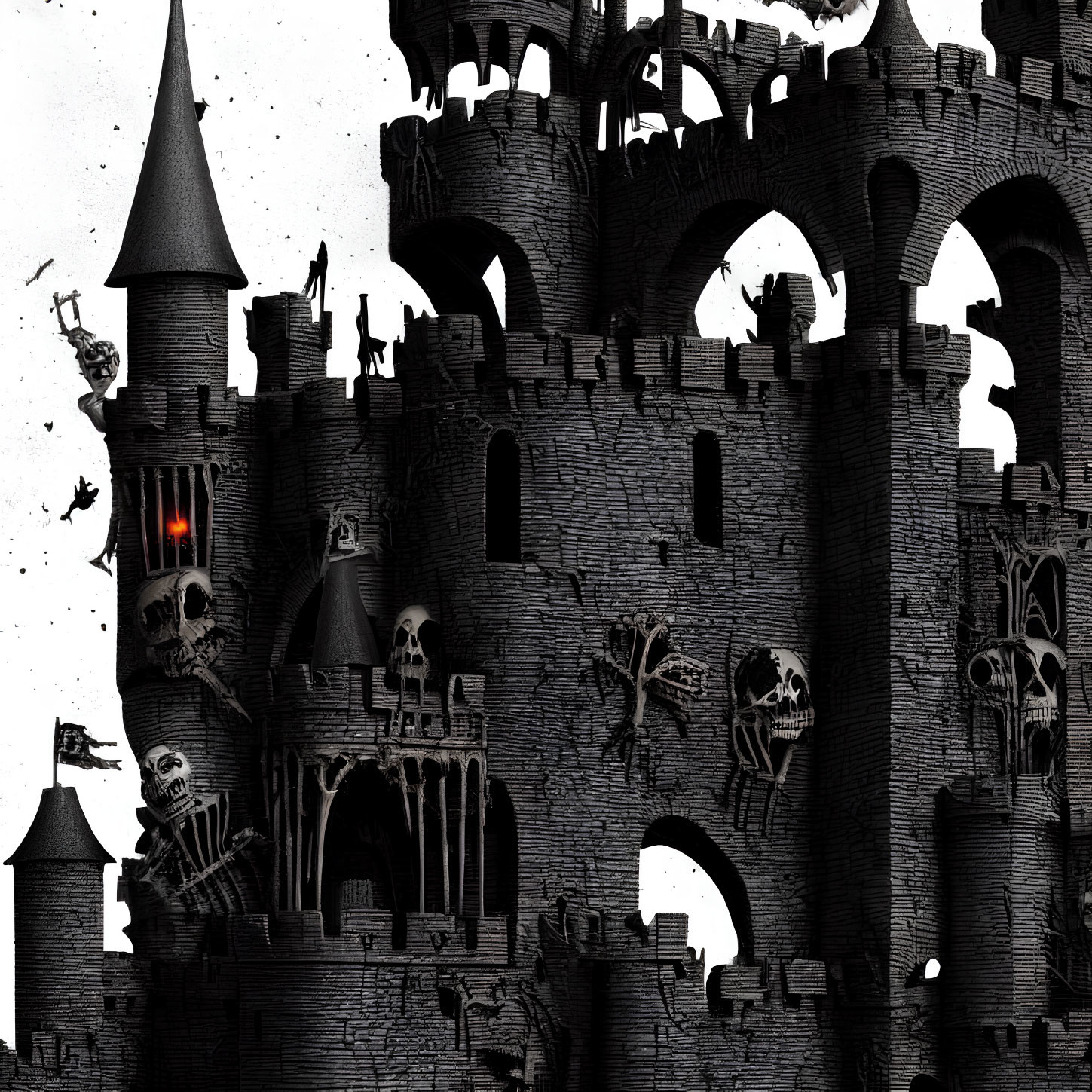 Gothic-style Castle with Skull Decorations and Haunting Atmosphere