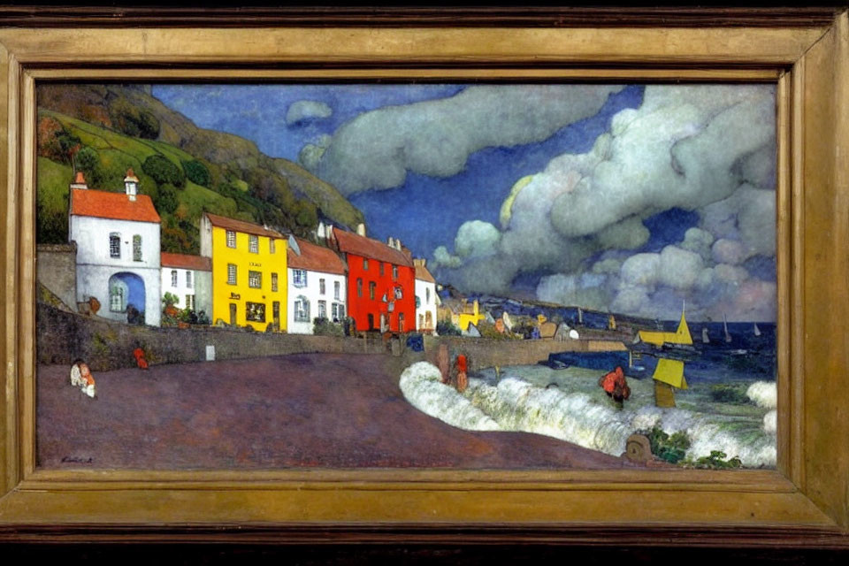 Coastal village scene with colorful houses, people, boats, hills, and cloudy sky in decorative