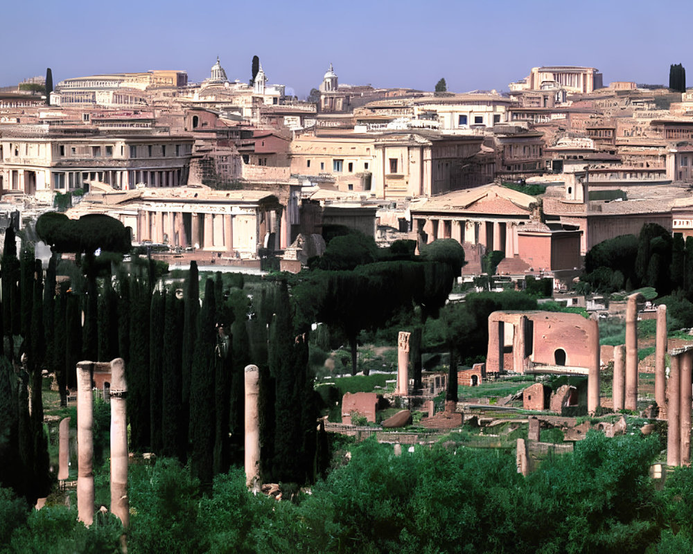 Roman Forum ruins with scattered ancient columns against Rome's cityscape