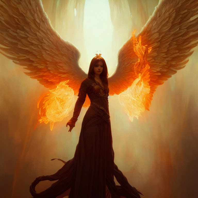 Majestic figure with radiant wings in warm glow