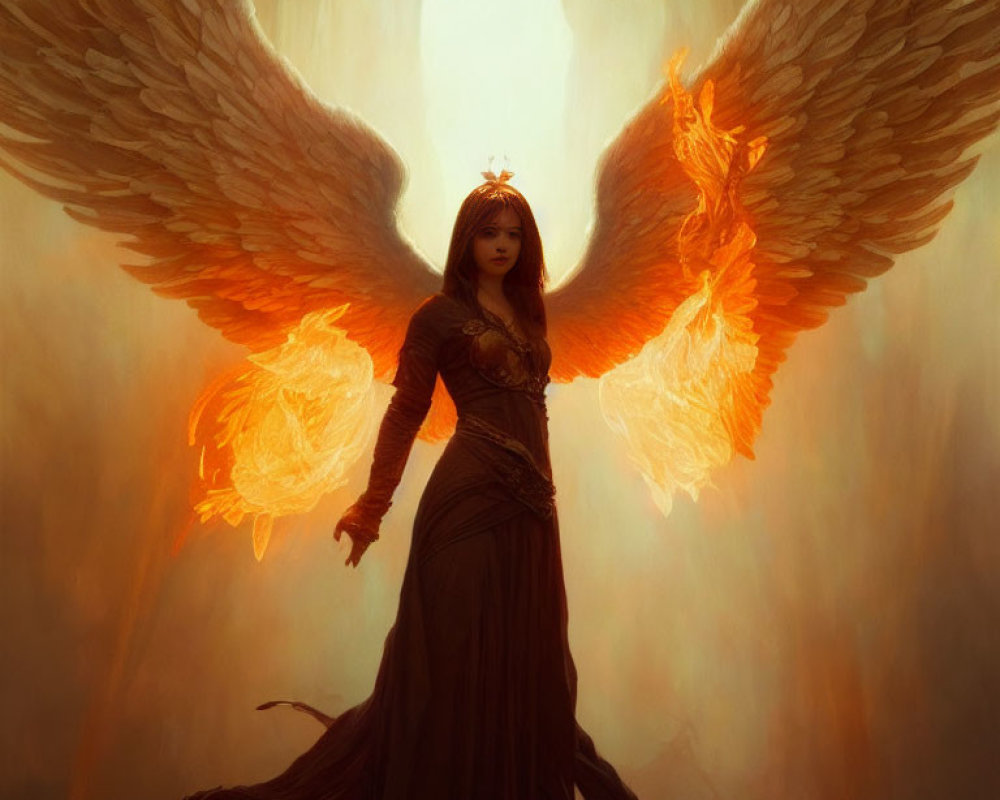 Majestic figure with radiant wings in warm glow