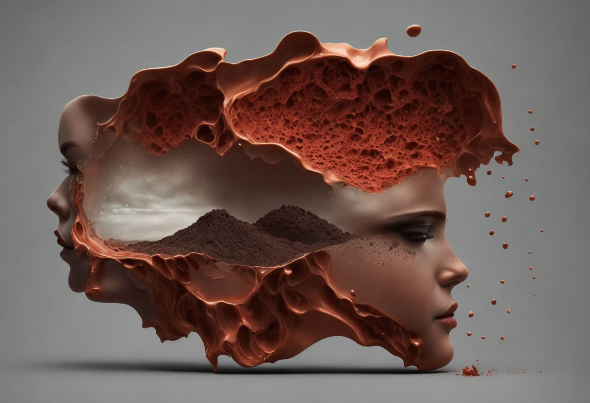 Surreal profile view artwork: molten top head with desert landscape.