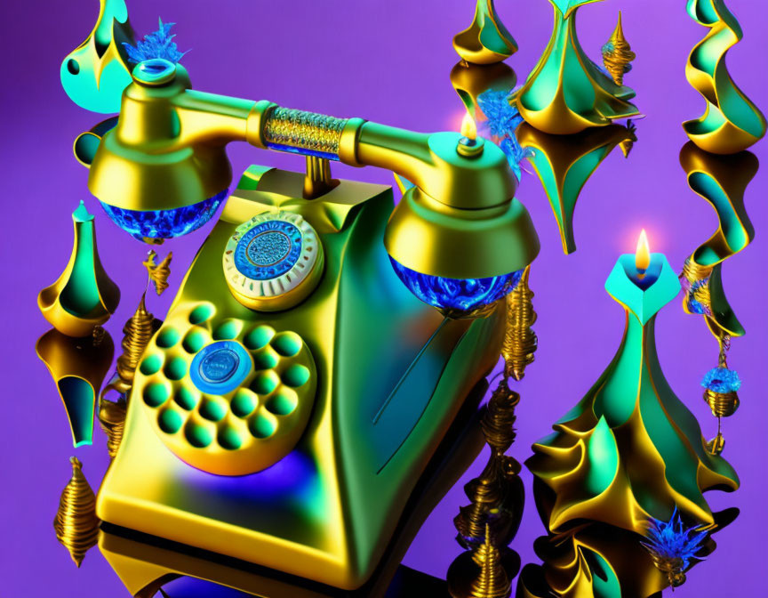 Surreal golden rotary phone & melting candles on purple background