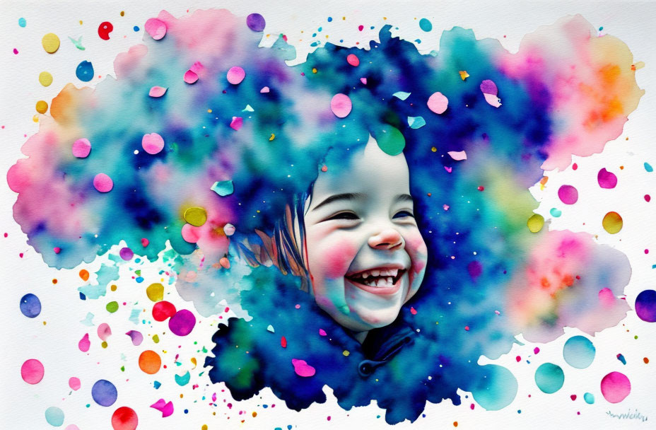 Colorful Watercolor Painting of Smiling Child in Dreamlike Setting