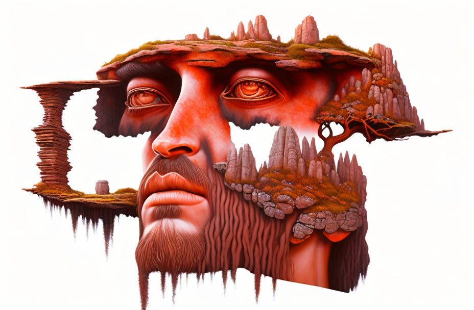 Face blending with landscapes: cliffs, trees, fiery eyes fusion