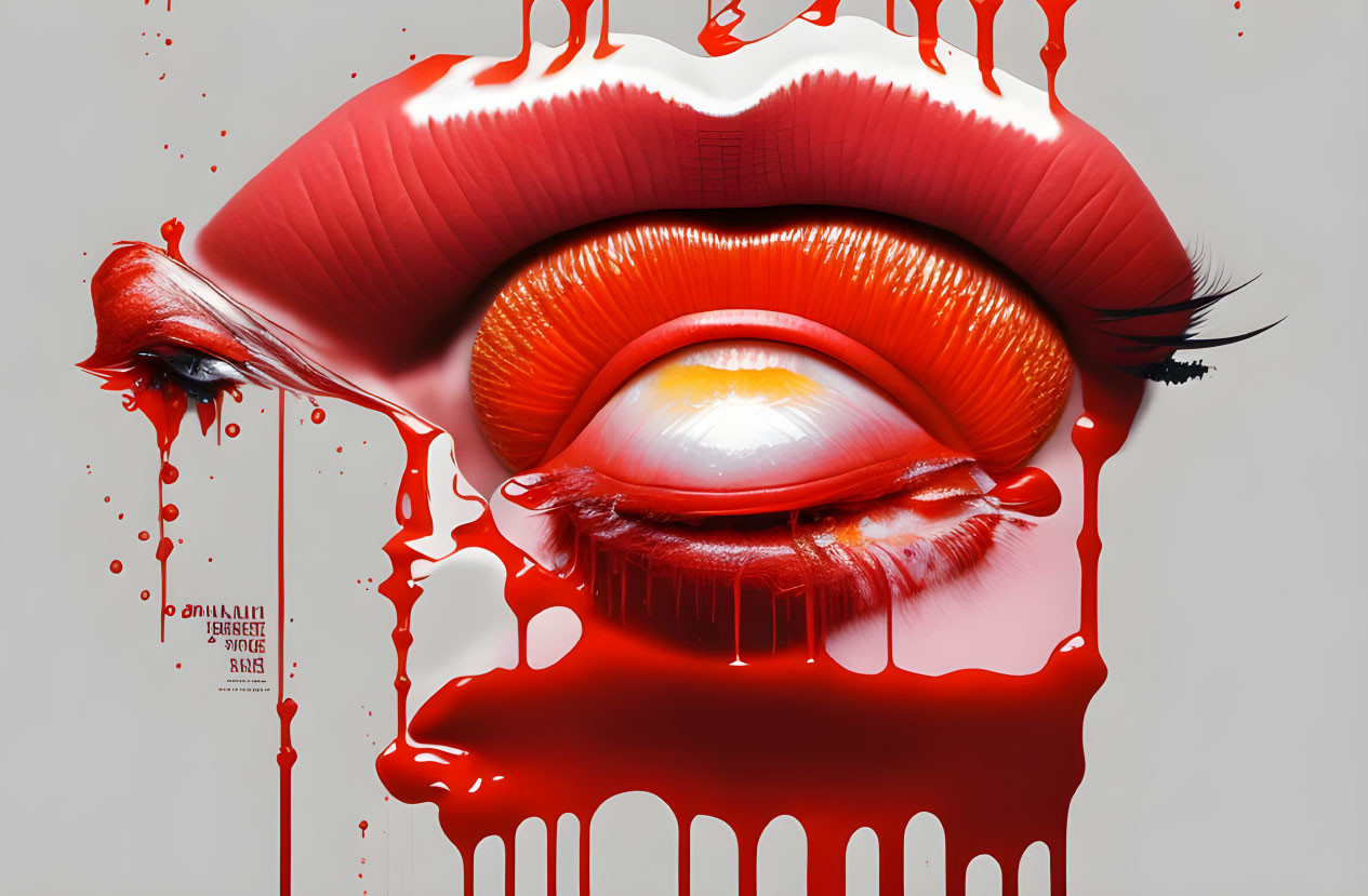 Surreal artwork: Red lips, glossy eye, white paint splatters on light background