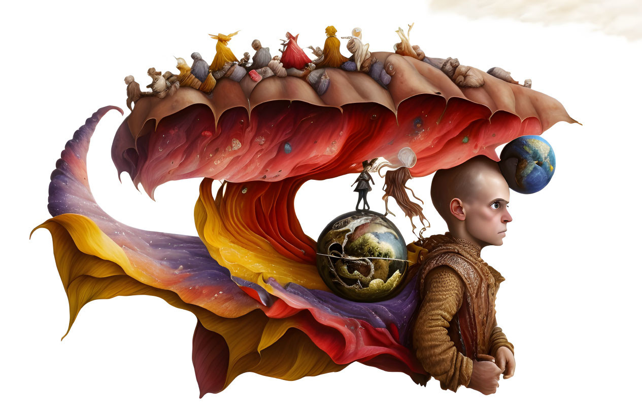 Surreal illustration of bald figure in colorful cloak with hovering globes