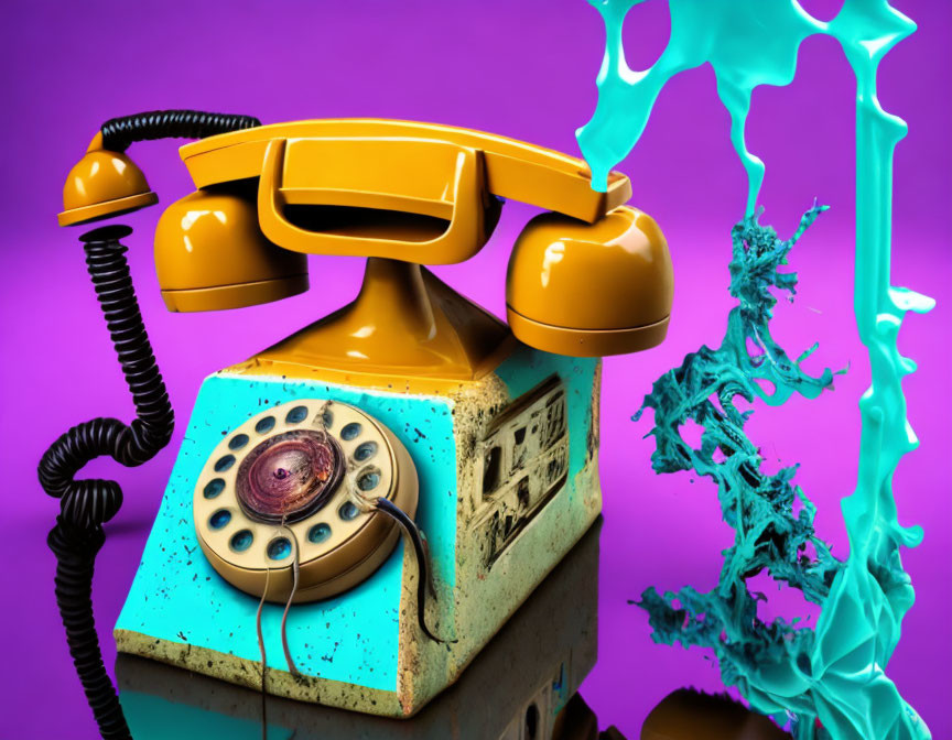 Vintage Yellow Telephone with Colorful Paint Splatters on Purple Background