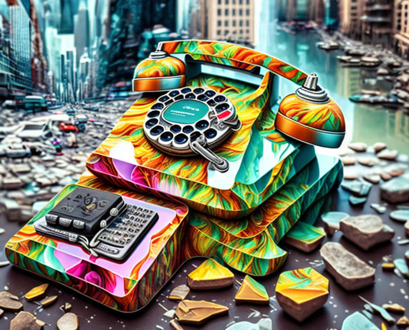 Surreal artwork: Oversized vintage telephones, answering machine, colorful patterns, flooded cityscape