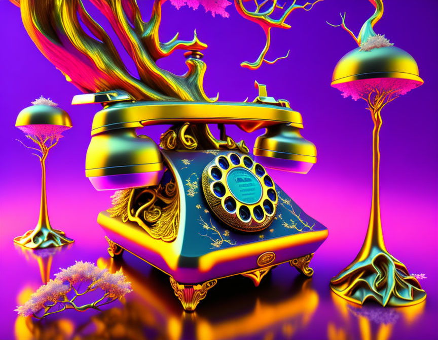 Surreal digital artwork of rotary phone with colorful trails on purple background