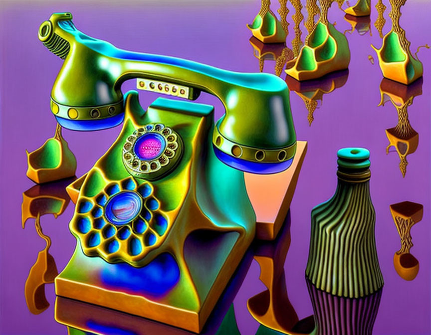 Surreal Artwork: Melting Rotary Telephone in Purple Background