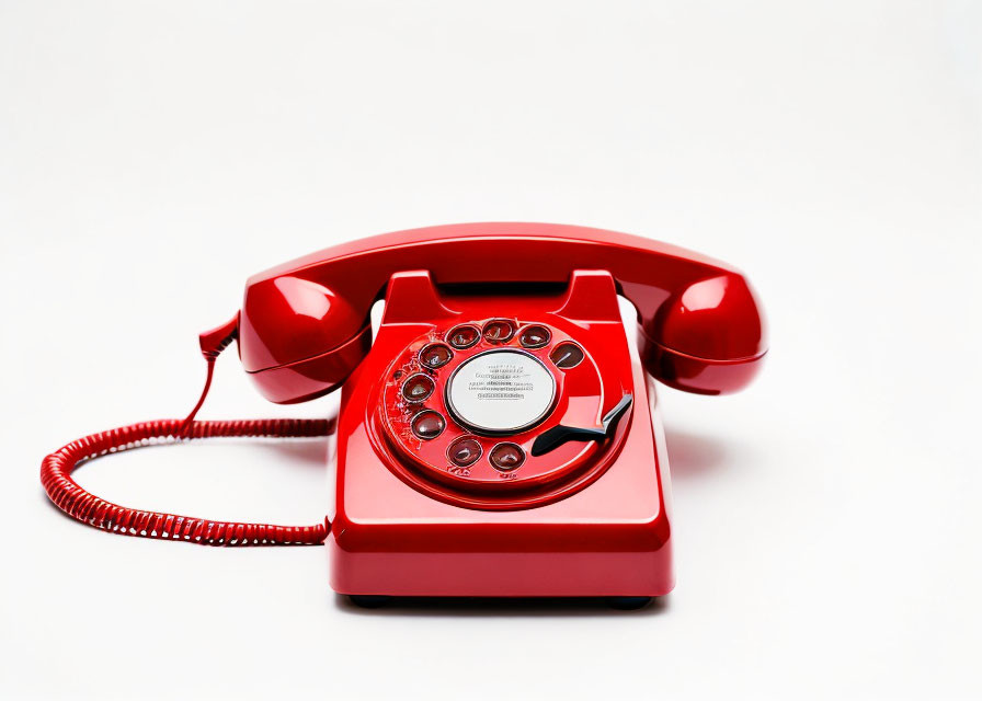 Vintage red rotary dial telephone off the hook on white background